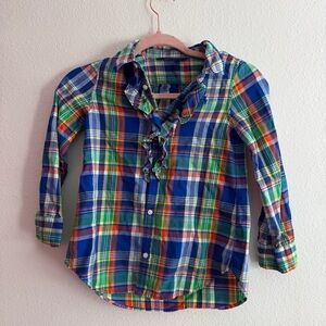 Ralph Lauren Youth Girls Plaid Ruffle-Front Button Up Shirt Size 6x